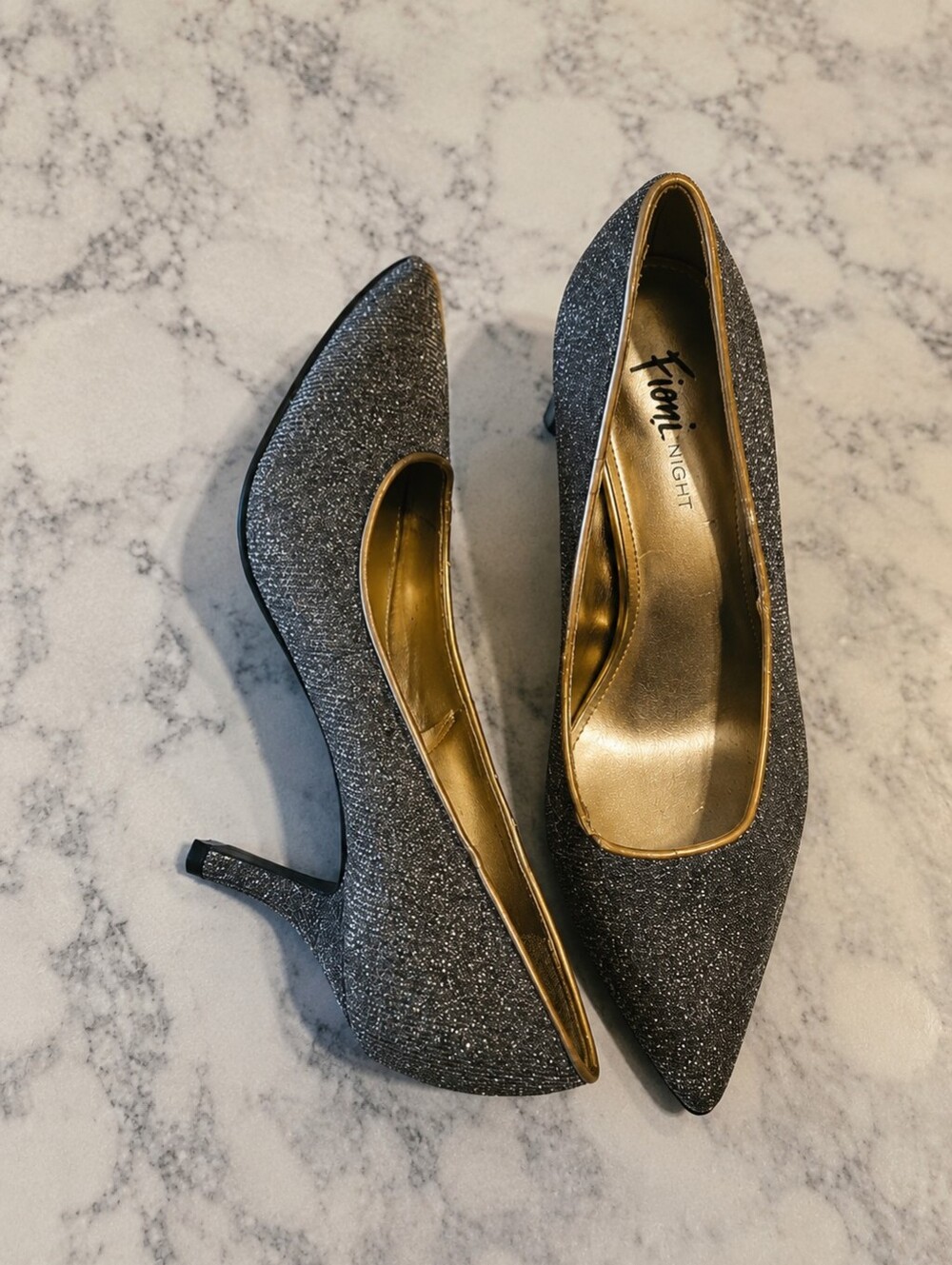 Silver Gold Glitter Kitten Heels Short Pump